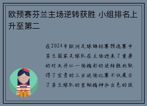 欧预赛芬兰主场逆转获胜 小组排名上升至第二