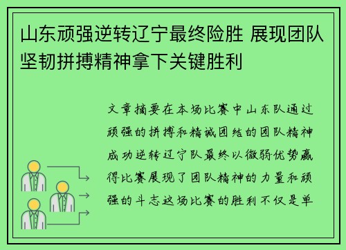 山东顽强逆转辽宁最终险胜 展现团队坚韧拼搏精神拿下关键胜利