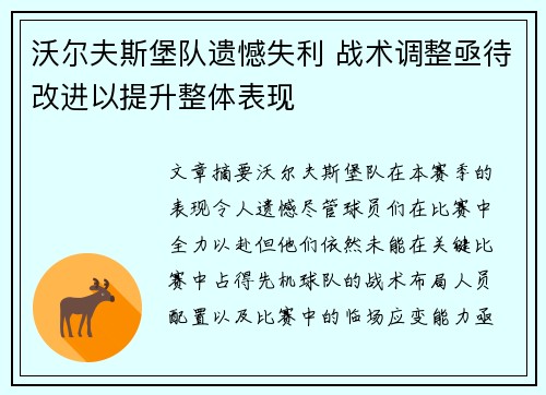 沃尔夫斯堡队遗憾失利 战术调整亟待改进以提升整体表现