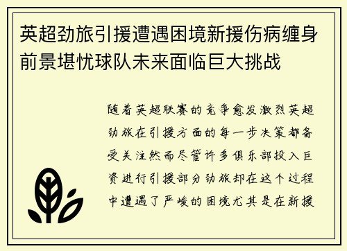 英超劲旅引援遭遇困境新援伤病缠身前景堪忧球队未来面临巨大挑战