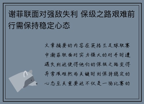 谢菲联面对强敌失利 保级之路艰难前行需保持稳定心态