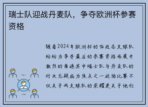 瑞士队迎战丹麦队，争夺欧洲杯参赛资格