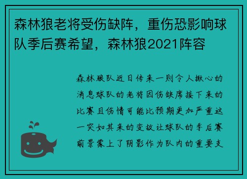 森林狼老将受伤缺阵，重伤恐影响球队季后赛希望，森林狼2021阵容