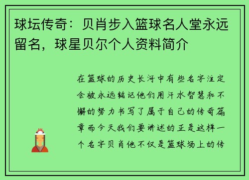 球坛传奇：贝肖步入篮球名人堂永远留名，球星贝尔个人资料简介