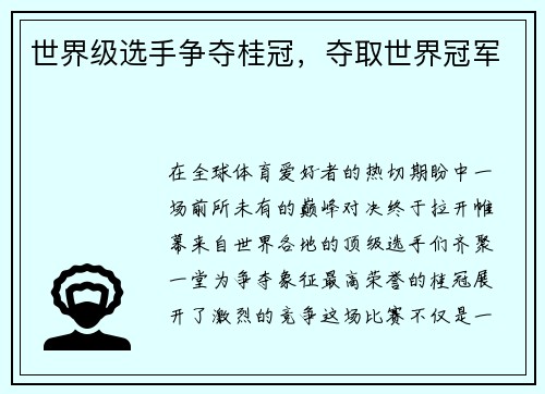 世界级选手争夺桂冠，夺取世界冠军