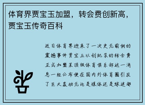 体育界贾宝玉加盟，转会费创新高，贾宝玉传奇百科