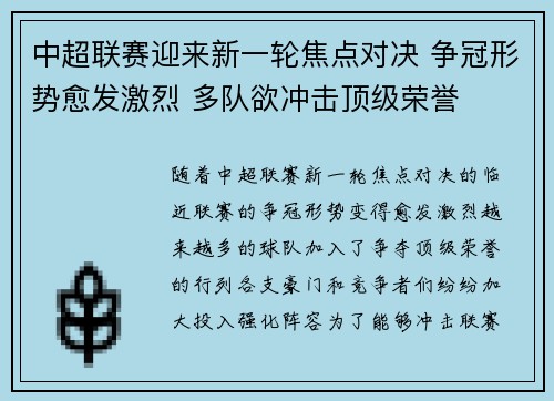 中超联赛迎来新一轮焦点对决 争冠形势愈发激烈 多队欲冲击顶级荣誉
