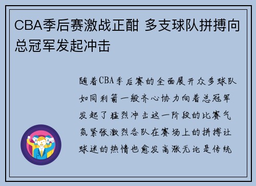 CBA季后赛激战正酣 多支球队拼搏向总冠军发起冲击