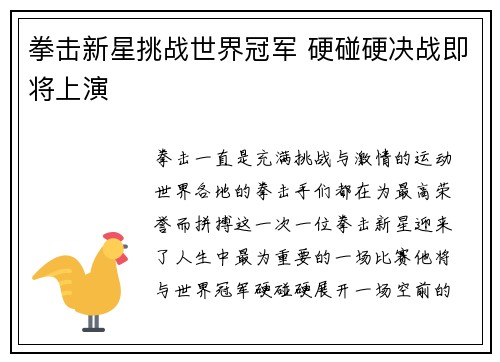 拳击新星挑战世界冠军 硬碰硬决战即将上演