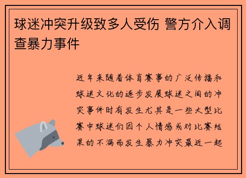 球迷冲突升级致多人受伤 警方介入调查暴力事件